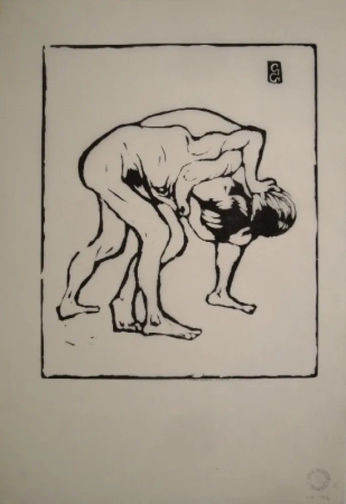 Incisione Su Legno Giacometti - La Lotta I. – Ringende Knaben. – Diego und Alberto