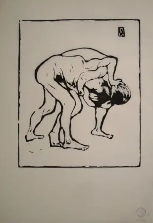 Incisione Su Legno Giacometti - La Lotta I. – Ringende Knaben. – Diego und Alberto
