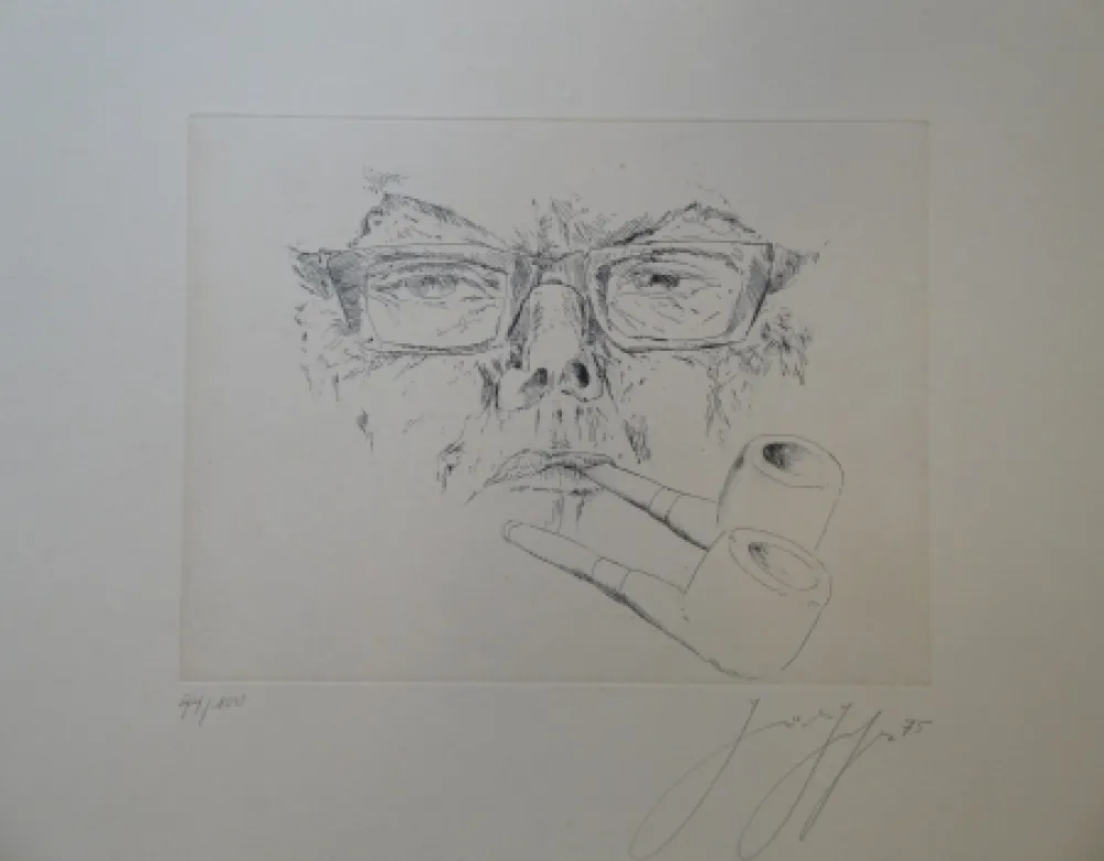 Incisione Grass - Doppelter Max. Kopf Max Frisch mit Pfeife