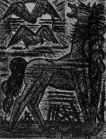 Acquaforte Gromaire - Présage, cheval noir, et oiseaux de nuit