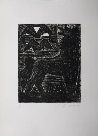 Acquaforte Gromaire - Présages, cheval noir et oiseaux de nuit, 1958