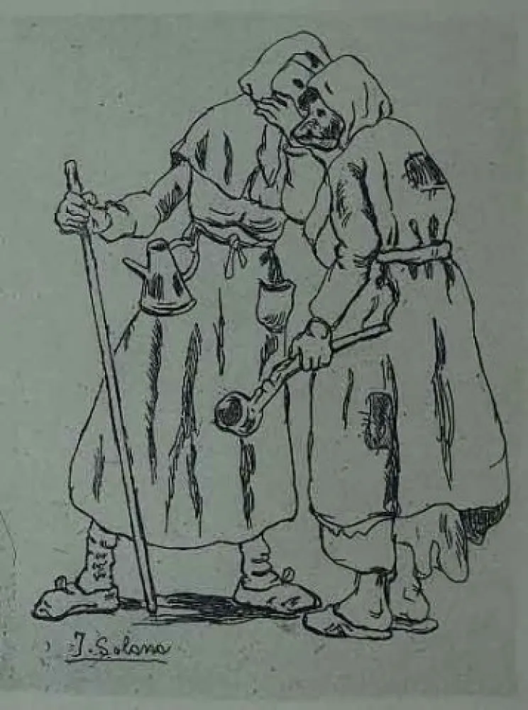 Acquaforte Gutiérrez Solana  - Máscaras hablándose al oido