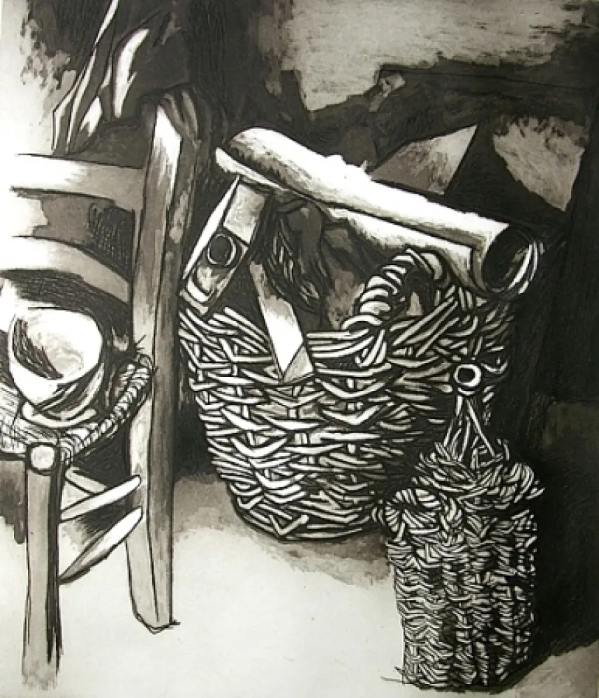 Acquaforte E Acquatinta Guttuso - Natura morta con sedia, cestino e fiasco