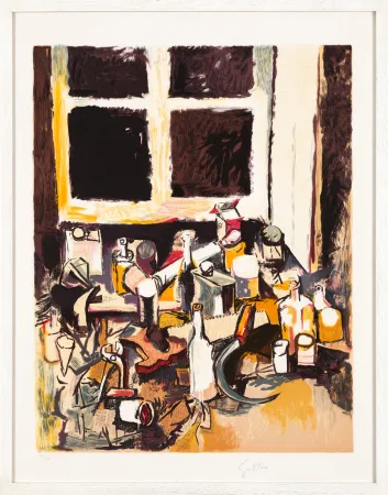 Litografia Guttuso - Oggetti sul tavolo e finestra di sera