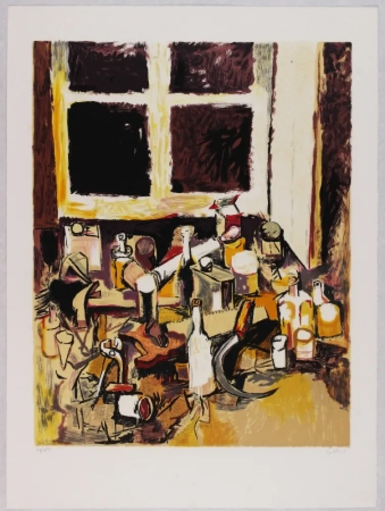 Litografia Guttuso - Oggetti sul tavolo e finestra di sera