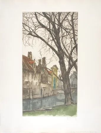 Acquaforte Hebbelinck - Bruges : Les grands arbres du Béguinage.