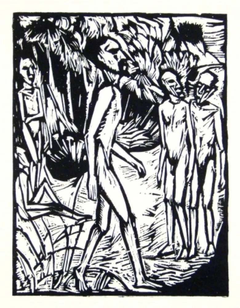 Incisione Su Legno Heckel - Männer am Strand (Men at the beach)