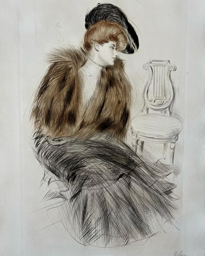 Acquaforte Helleu - Jeune Femme au Manteau de Fourrure (