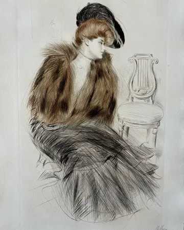 Acquaforte Helleu - Jeune Femme au Manteau de Fourrure (