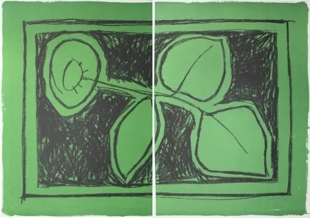 Litografia Hernandez Pijuan - Flor sobre verd / Flower on Green