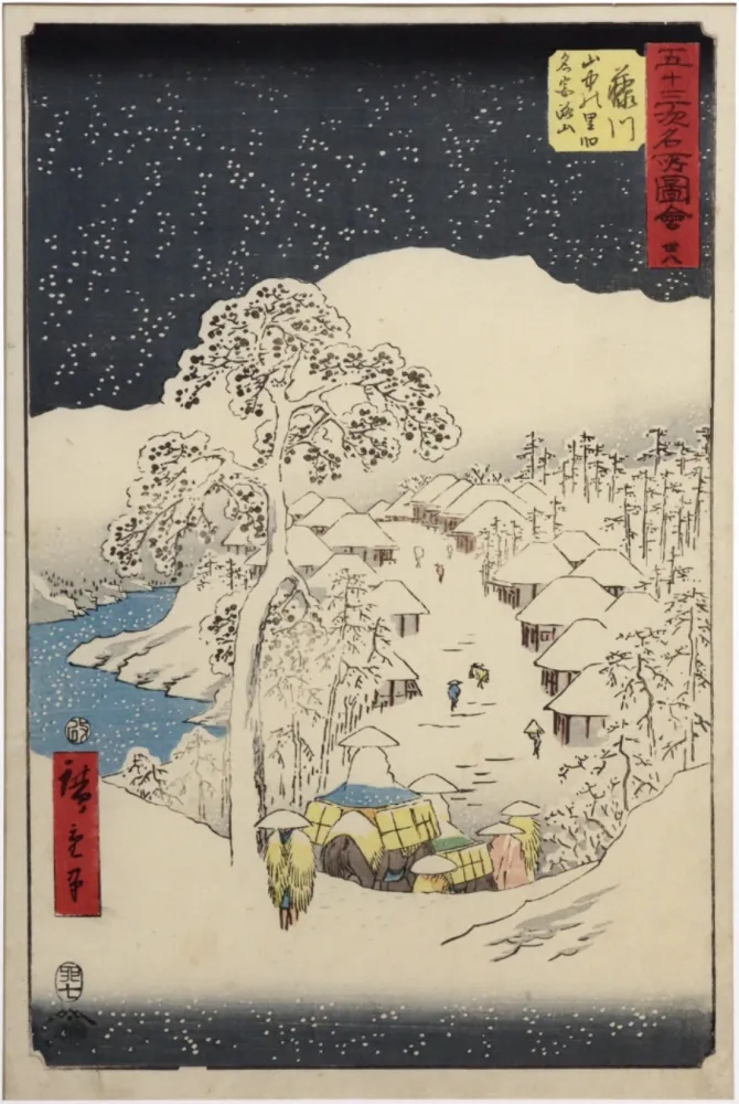 Incisione Su Legno Hiroshige - Fujikawa, le village Yamanaka et la montagne Miyaji