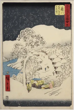 Incisione Su Legno Hiroshige - Fujikawa, le village Yamanaka et la montagne Miyaji