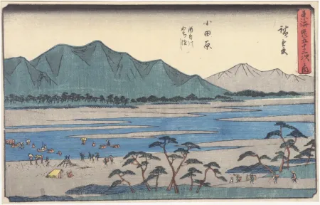 Incisione Su Legno Hiroshige - Odawara : le traversée de la rivière Sakawa