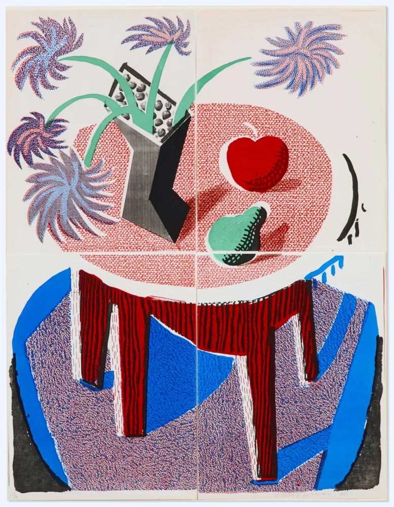 Non Tecnico Hockney -  Flowers, Apple and Pear on a Table
