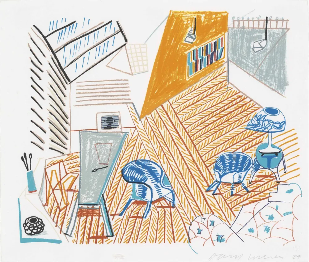 Litografia Hockney - Pembroke Studio with Blue Chairs and Lamp from The Moving Focus Series