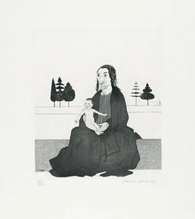 Incisione Hockney - The enchantress with the baby (1969)