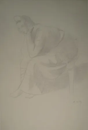 Monotipo Holy - Sitzende junge Frau, den Kopf auf die Unterarme mit den Händen gestützt.