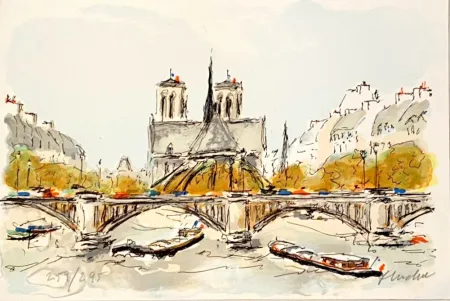 Litografia Huchet - Seine et Notre-Dame de Paris