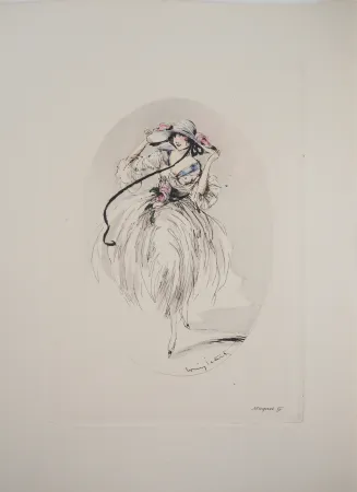 Incisione Icart - Jeune femme au chapeau paré de roses