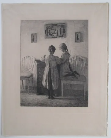 Incisione Ilsted - Interior with two little Girls
