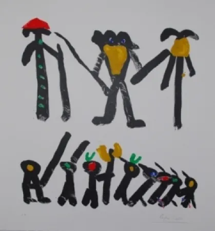 Litografia Ionesco - L'homme avec deux femmes et leurs enfants