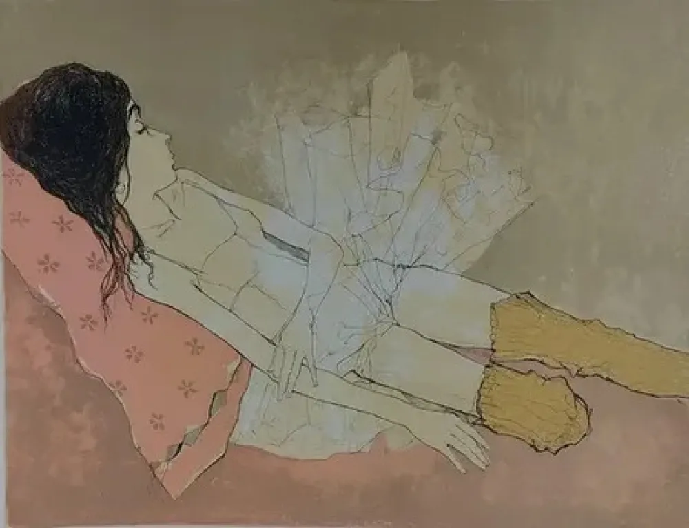 Litografia Jansem - Ophelie au coussin rose (1993)