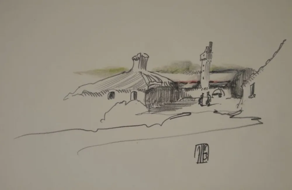 Non Tecnico Janssen - (Nordische Landschaft mit Gebäuden, Turm und zwei Personen)