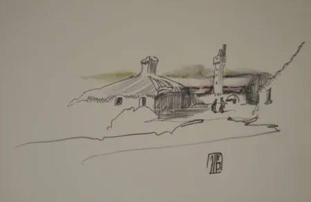 Non Tecnico Janssen - (Nordische Landschaft mit Gebäuden, Turm und zwei Personen)