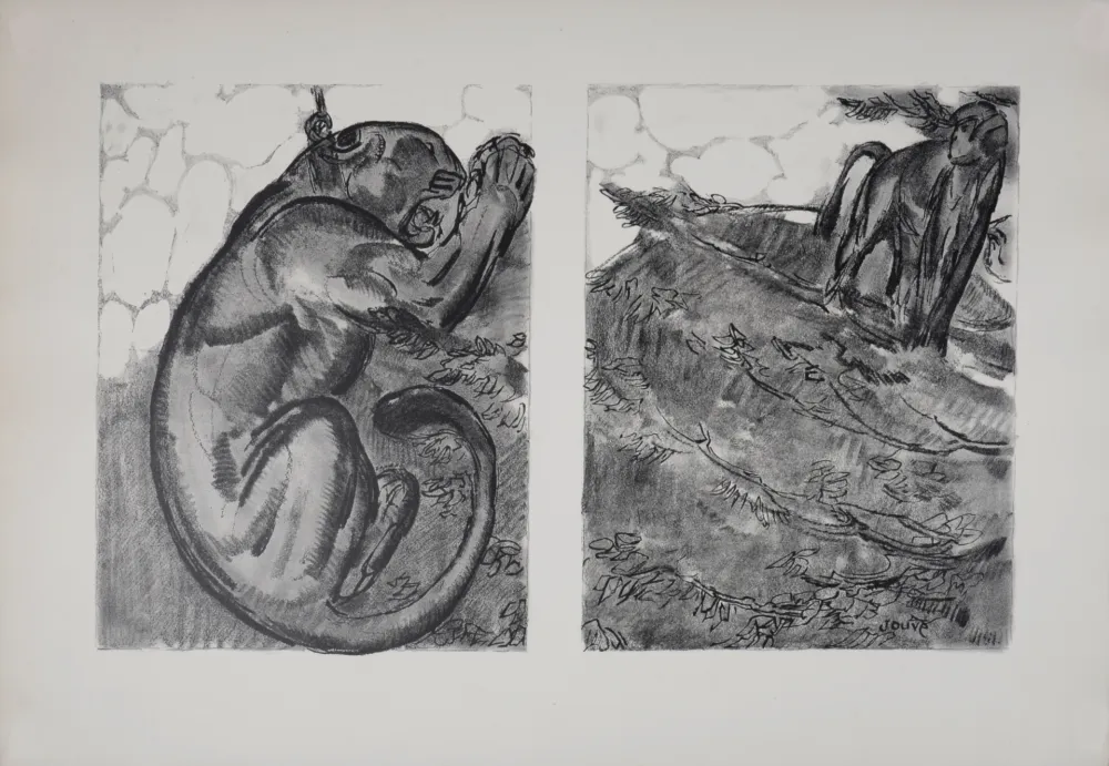 Litografia Jouve - Panthère et Singe