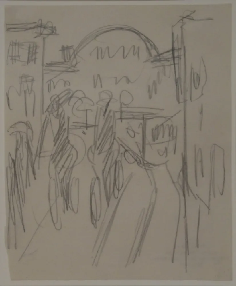 Non Tecnico Kirchner - (Bahnhof Friedrichstrasse mit Radfahrern, Passanten und Strassenbahn)