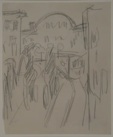 Non Tecnico Kirchner - (Bahnhof Friedrichstrasse mit Radfahrern, Passanten und Strassenbahn)