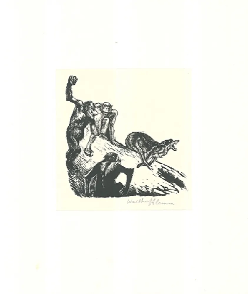 Incisione Su Legno Klemm - Affen jagen den Wolf