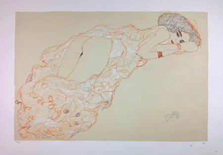Litografia Klimt - La fille en robe longue / Reclining Nude Lying on Her Stomach and Facing Right / Auf dem Bauch liegender Halbakt nach rechts - 1910 