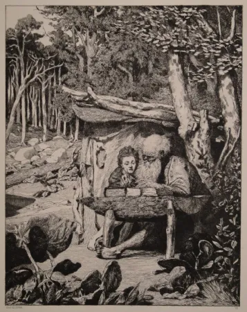 Incisione Klinger - Simplici Schreibstube / Simplicius’s Writing Lesson