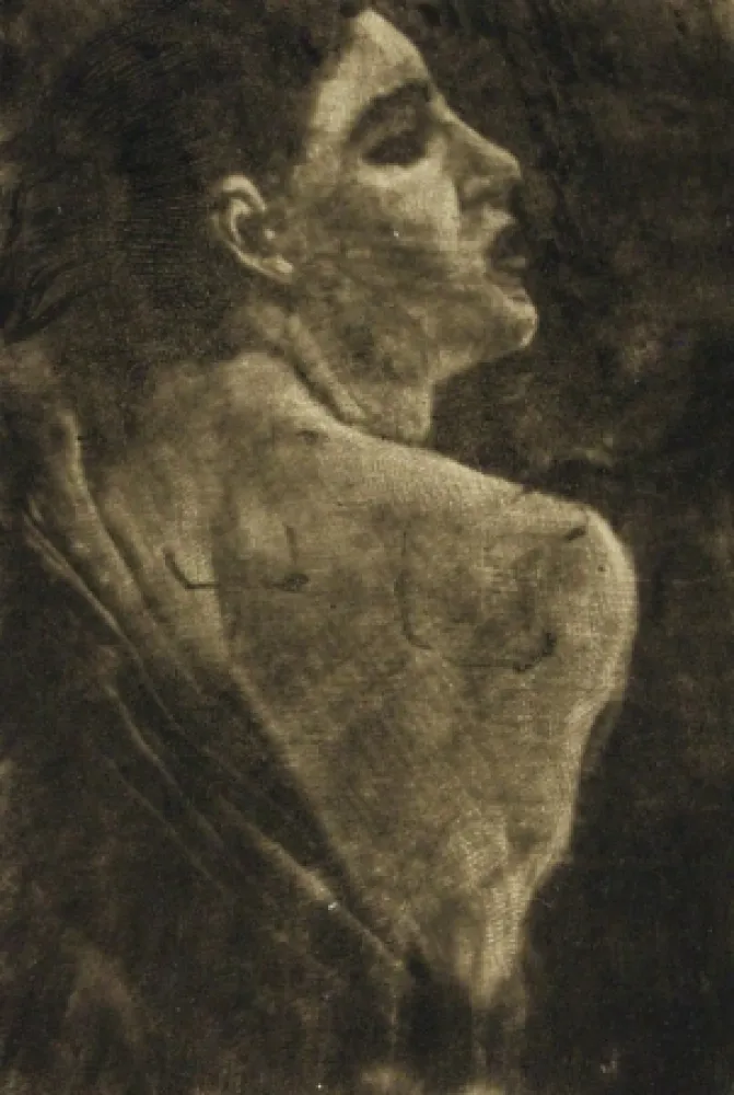 Incisione Klinger - Weibliche Halbfigur Schabkunstversuch.