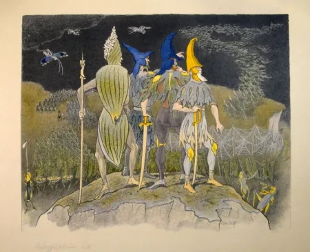 Litografia Kreidolf - “Krieg“ Germer-, Rittersporn, blauer und gelber Eisenhut-Ritter stehen als Feldherren auf einem Hügel über einem vorüberziehenden Heuschrecken-Heer.