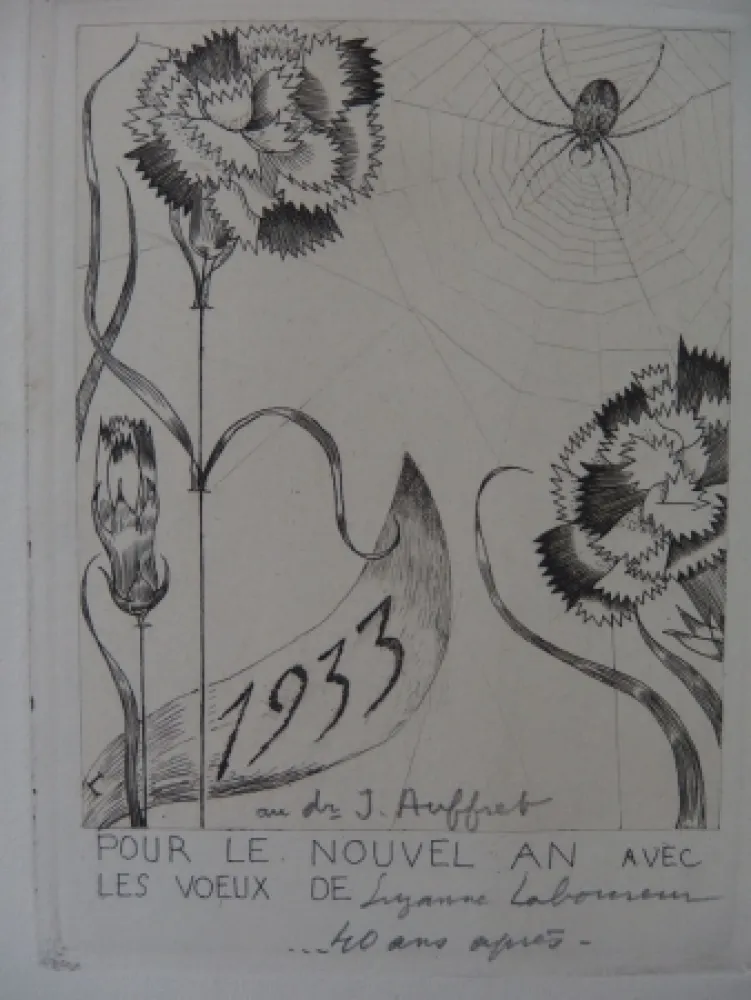 Incisione Laboureur - L'araignée aux fleurs