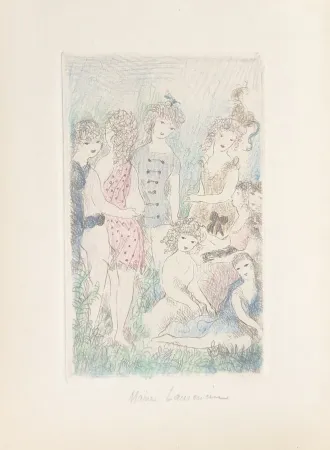 Incisione Laurencin - Huit filles dans un pré