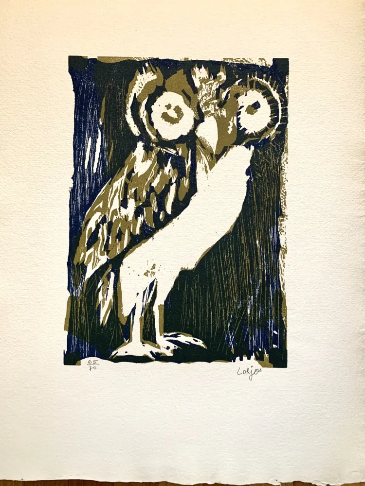 Incisione Su Legno Lorjou -  Les animaux : Chouette verte 