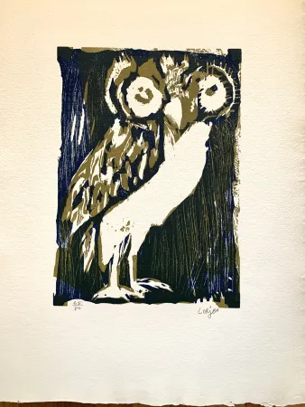 Incisione Su Legno Lorjou -  Les animaux : Chouette verte 