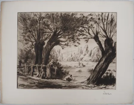 Punta Secca Luce - Maximilien LUCE - Baigneurs, pécheurs et promeneurs Vers 1895 - Gravure originale signée