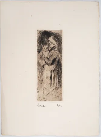 Punta Secca Luce - Maximilien LUCE -Grand-mère cajolant son petit-enfant Vers 1890 -Gravure originale signée