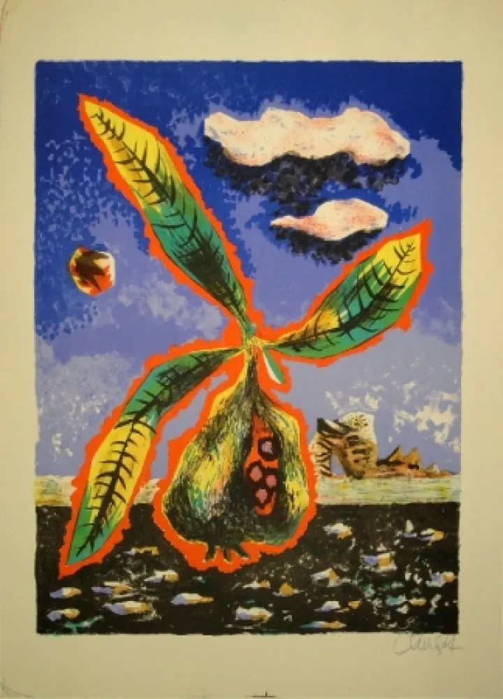 Litografia Lurcat - Frucht mit Blättern in phantastischer Landschaft