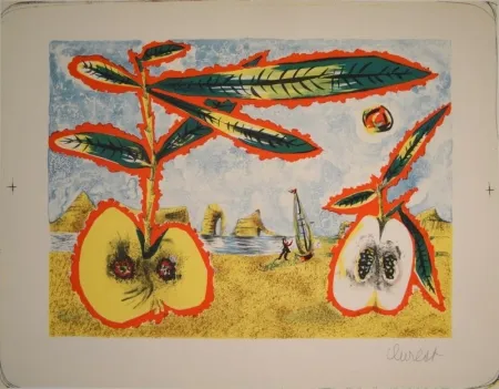 Litografia Lurcat - Surreale Landschaft mit zwei halben Äpfeln, Zweig und Blättern