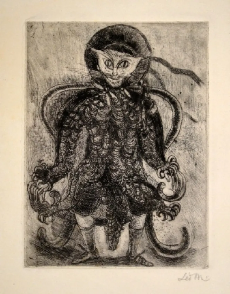 Acquaforte Maillet - (Katzenwesen auf Sessel)