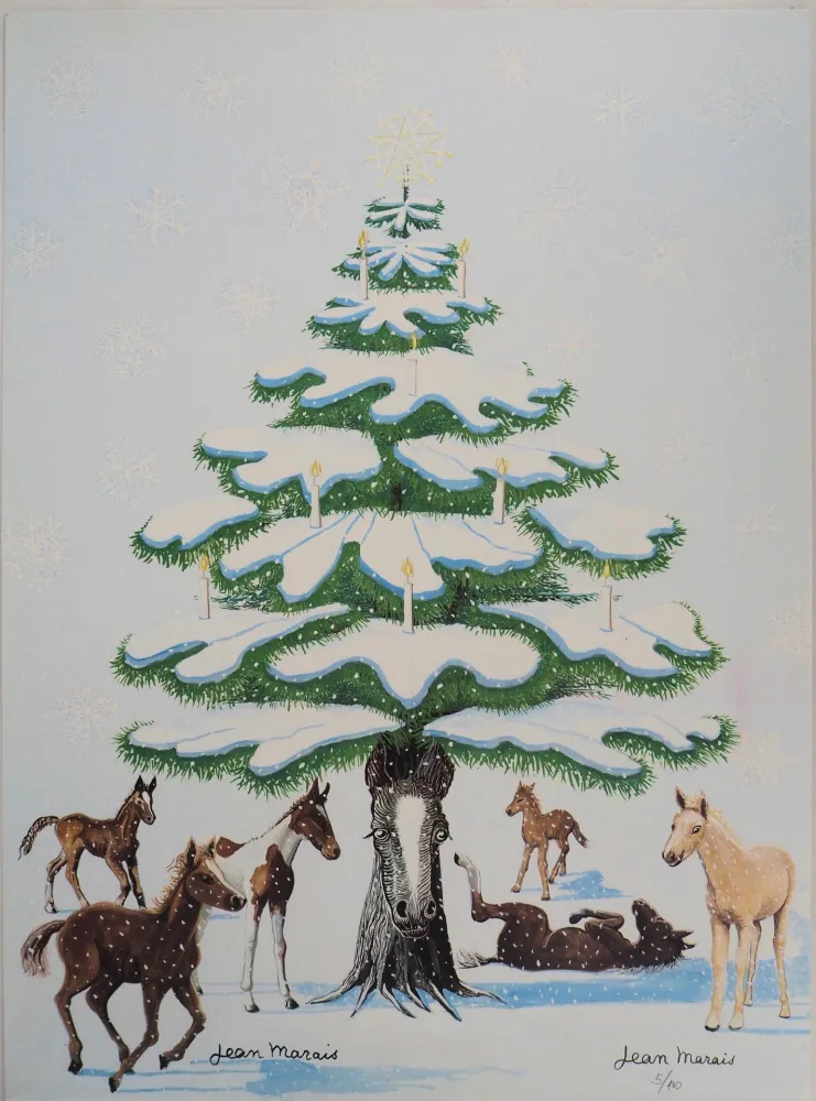 Litografia Marais  - Sapin de Noel enneigé et Chevaux