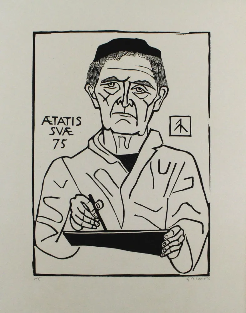 Linoincisione Marcks - Selbstbildnis von vorn (Halbfigur)