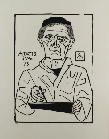 Linoincisione Marcks - Selbstbildnis von vorn (Halbfigur)