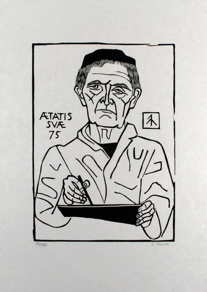 Linoincisione Marcks - Selbstbildnis von vorn (Halbfigur)