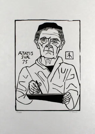 Linoincisione Marcks - Selbstbildnis von vorn (Halbfigur)